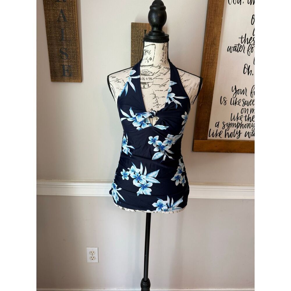 Kona Sol Women's Floral Twist Front Halter Swim Tankini Top Navy Small
